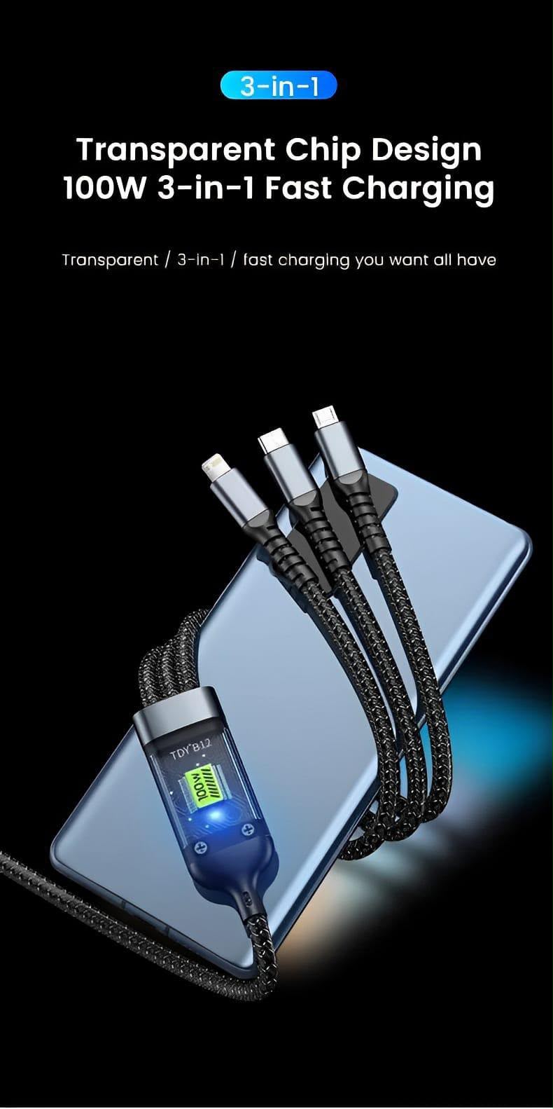 100W Fast Charging Cable Black Nylon 3-in-1